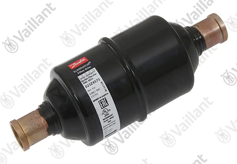 Filtertrockner von Vaillant in runder Form mit Kupferanschlüssen, schwarzem Gehäuse und Label mit Produktinformationen.